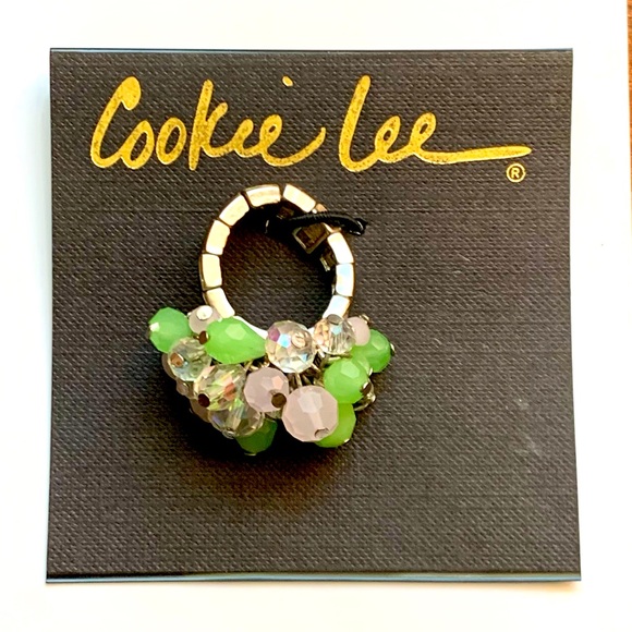 🌳 Genuine Crystal Green Pink & Clear Stretch Ring Silver Tone by Cookie Lee - Picture 4 of 9